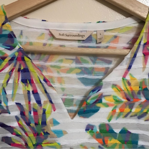 Soft Surroundings • L • Tropical Colorful Palm Leaf Burnout Striped Tunic Top - Picture 2 of 4